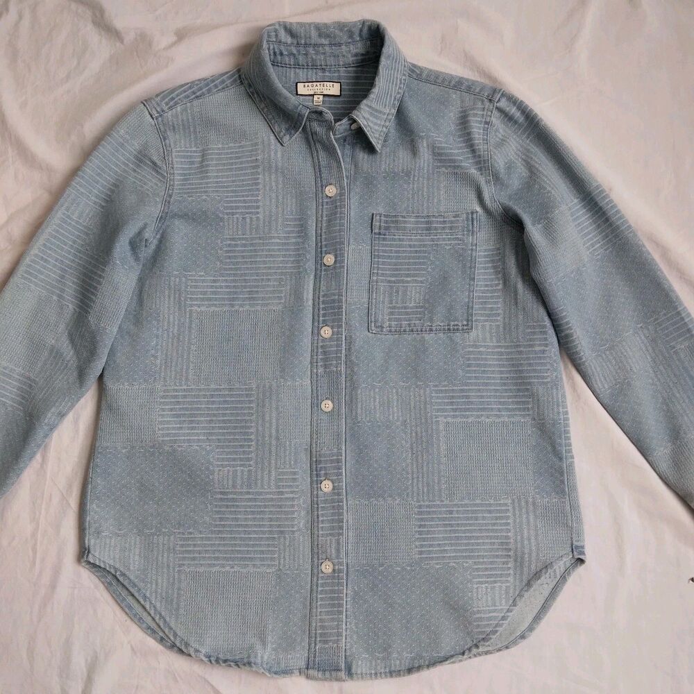 Bagatelle Collection Denim Shirt Shacket Textured Patchwork Button Down Womens M - Picture 2 of 12